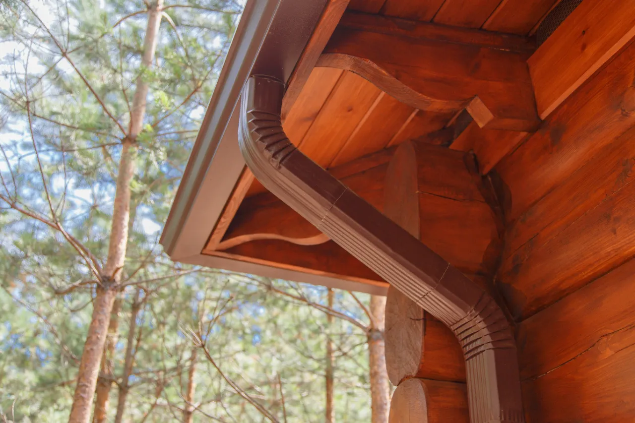 Roof gutter system collecting debris under tree cover